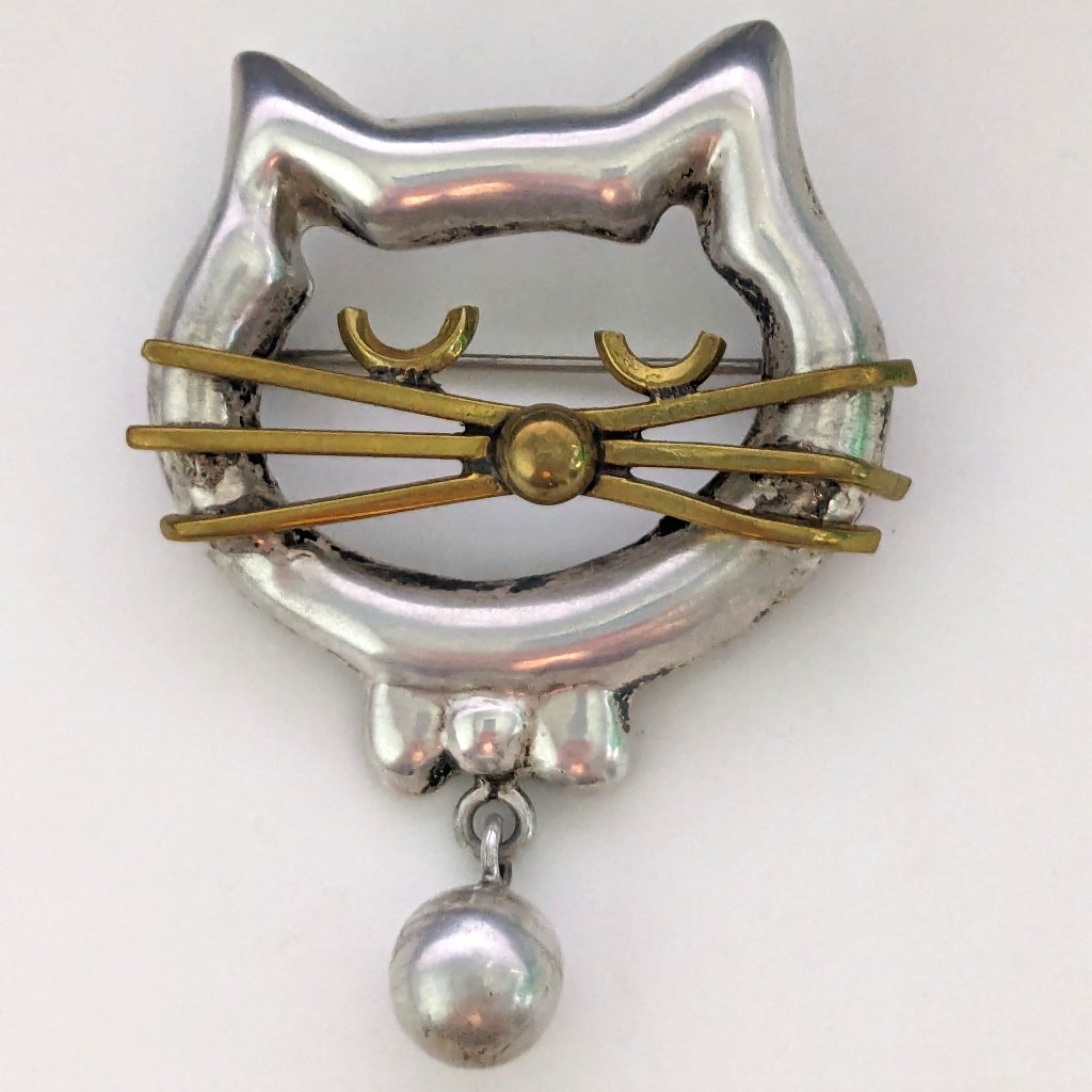 Vintage Taxco Mexico Tv-119 Sterling Silver 925 Cat Face Ball Dangle Brooch Pin
